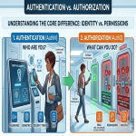 Infographic showing the flow between Authentication (identity verification) and Authorization (access permissions).